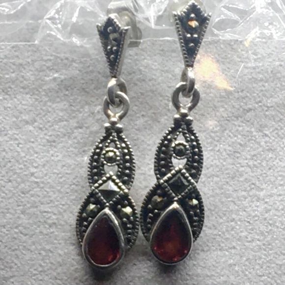 Red Garnet Sterling Silver Marcasite Drop Earrings - Picture 3 of 6